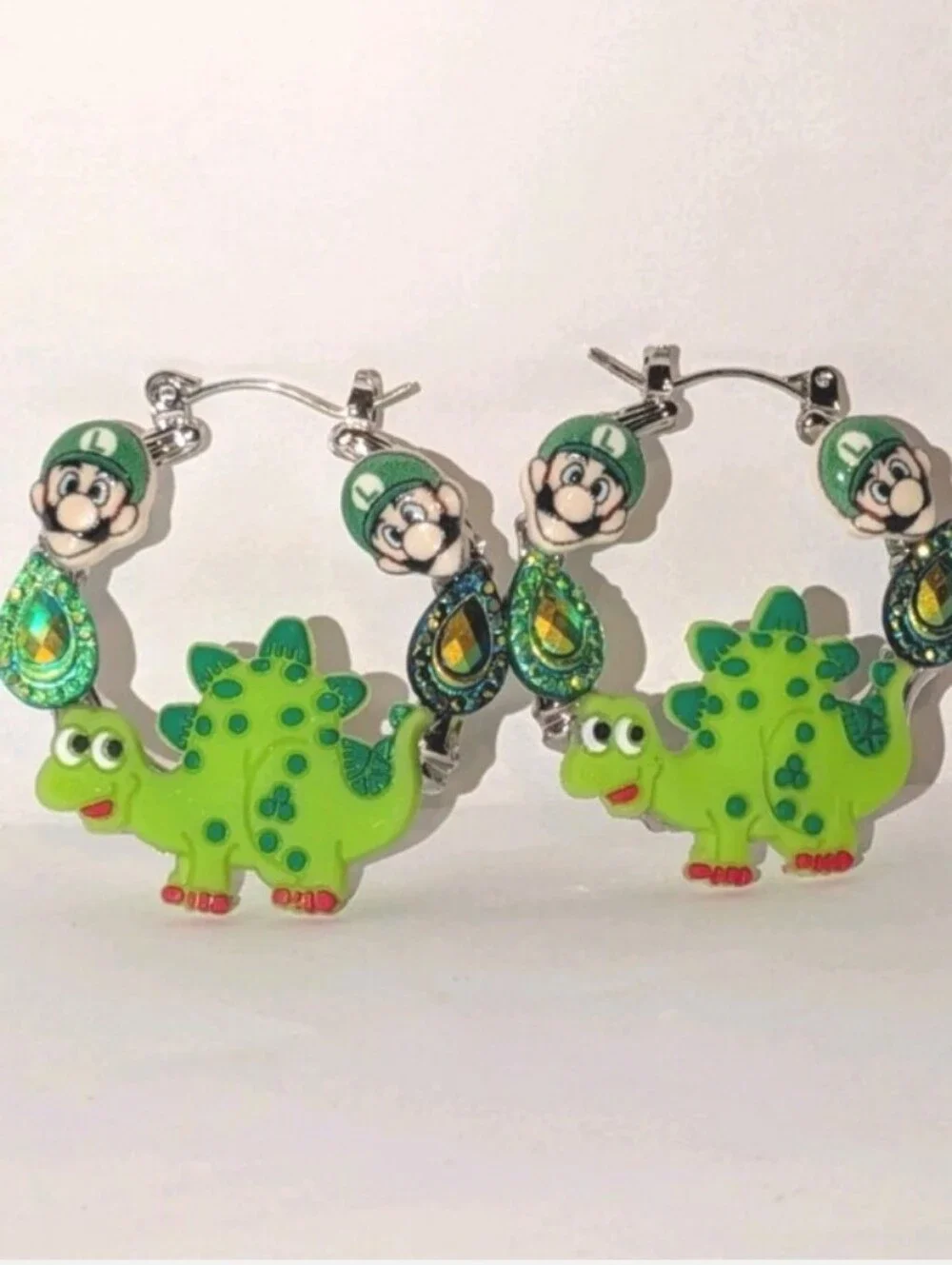 Hand CRAFTED Luigi Dinosaur Hoop Earrings Green For Kids And Adults - Picture 2 of 10
